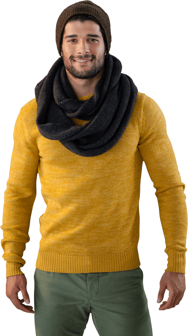 Smiling Man Wearing Transparent Layered Winter Clothes with Scarf