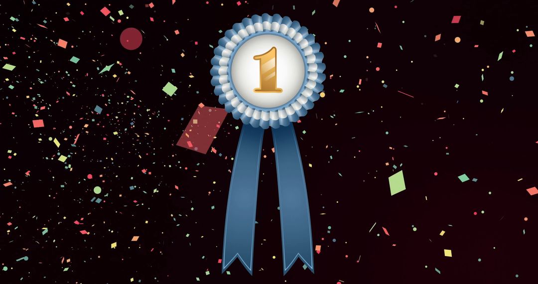 Celebratory Rosette with Number 1 and Falling Confetti Background