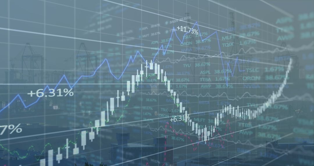 Financial Graphs with Cityscape Background Reflecting Market Trends