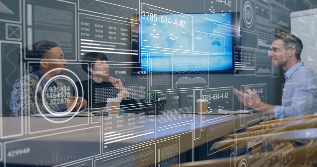 Business Team Collaborating in High-Tech Office with Data Display