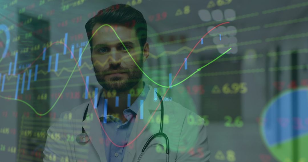 Doctor Analyzing Stock Market Trends with Overlaid Graphs