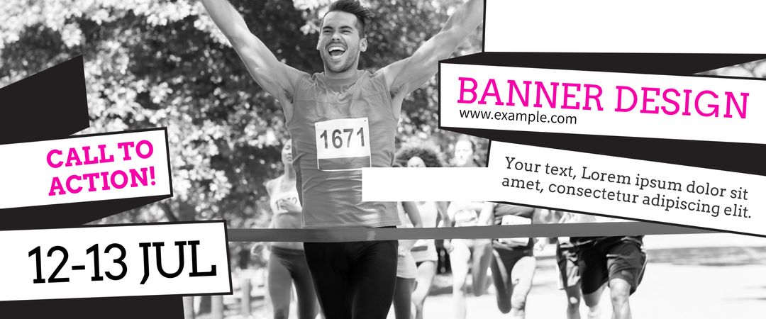 Joyful Runner Crossing Finish Line in Marathon Road Race Event