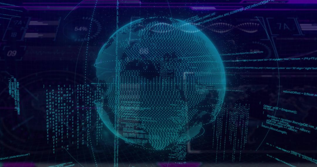 Holographic Data Globe Rotating with Neon Code Streams and Futuristic HUD Interface
