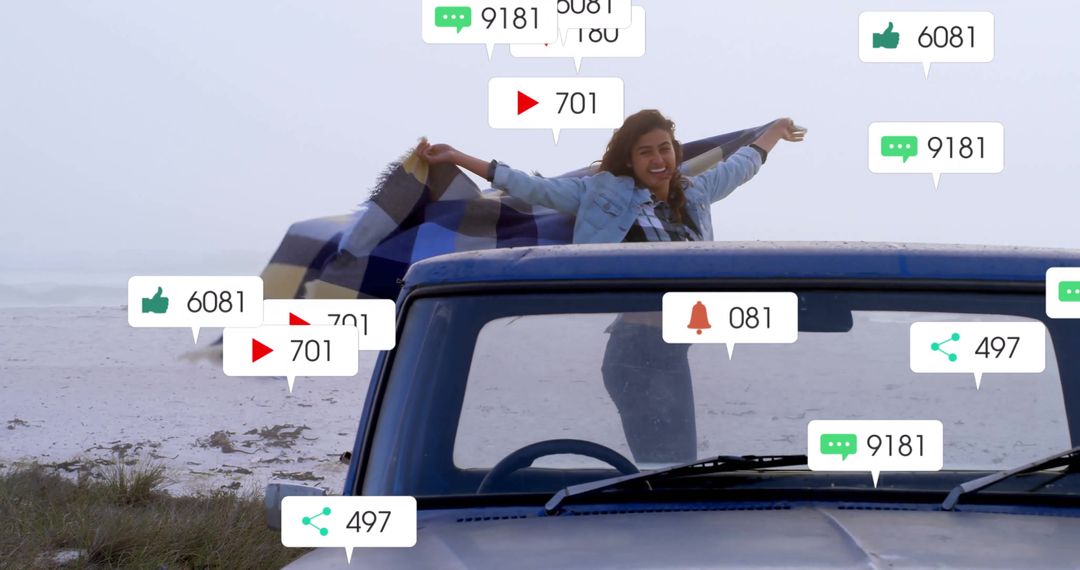 Joyful Woman Enjoying Beach Adventure with Social Media Interactions