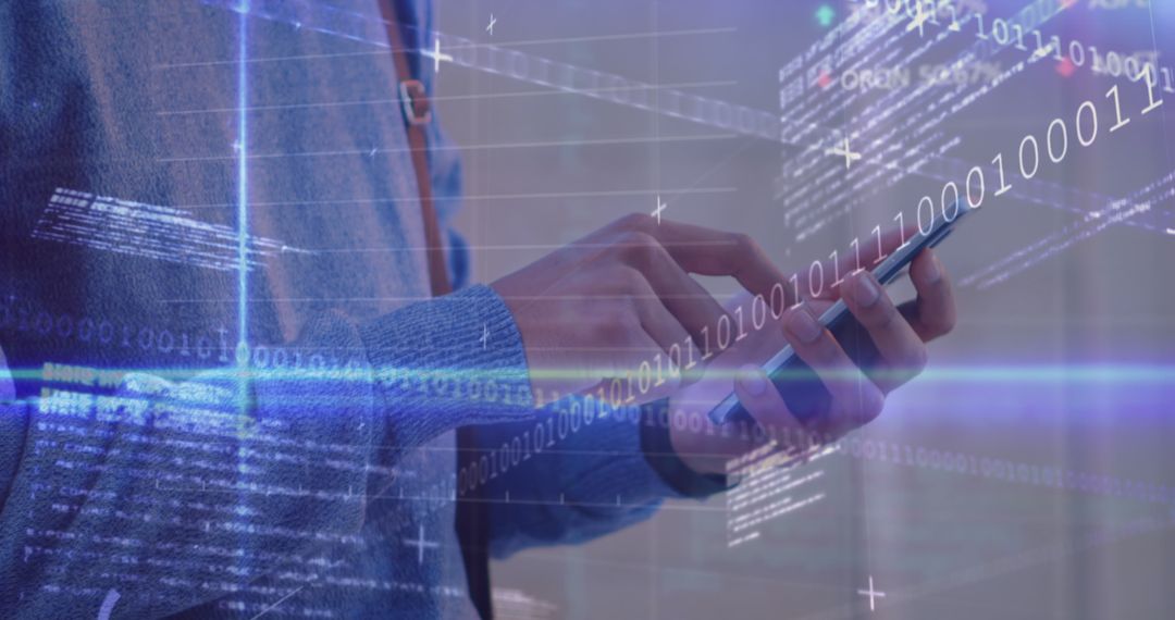 Man Interacting with Smartphone Amid Digital Data Projections
