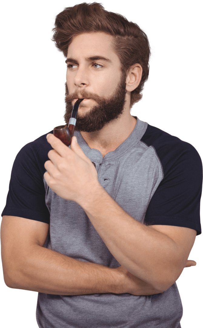 Transparent Bearded Hipster Contemplating with Pipe