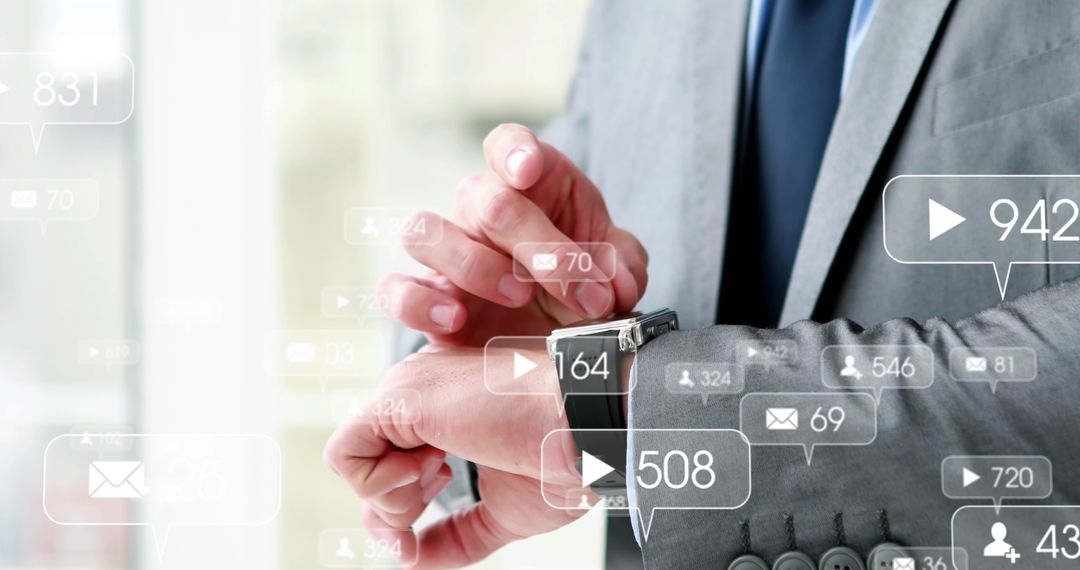 Influencer with Smartwatch Surrounded by Notification Icons