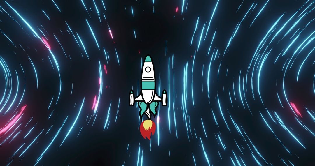 Rocket Launches Through Neon-Covered Digital Tunnel in Futuristic Space Journey