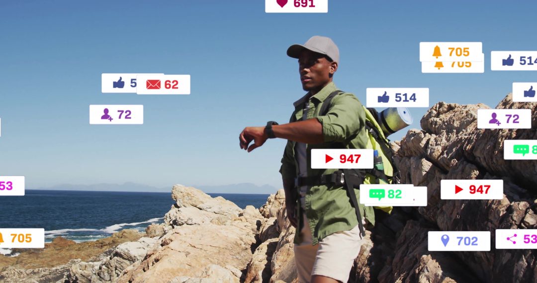 Hiker Using Smartwatch with Social Media Overlay on Rocky Shore