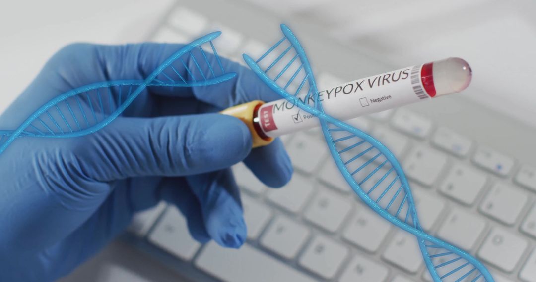 Gloved Hand Holding Monkeypox Virus Test Tube with DNA Strands