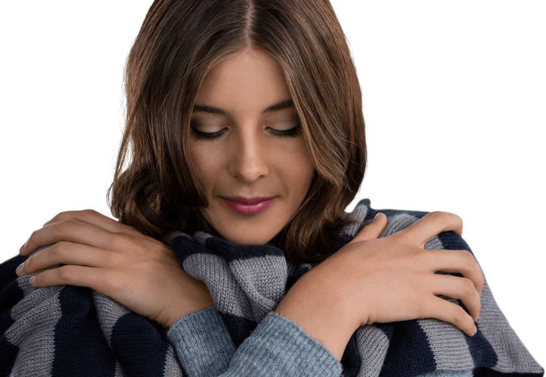 Young Woman Hugging Scarf with Peaceful Expression on Transparent Background