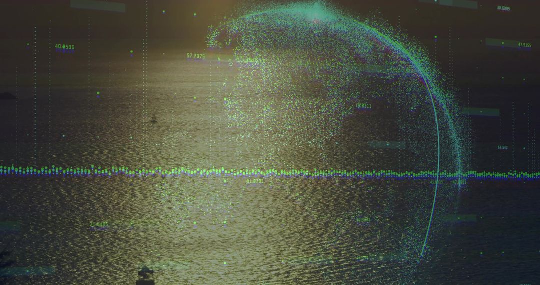Sunlit Ocean Data Visualization with Holographic Waveform and Particle Arc Above Horizon