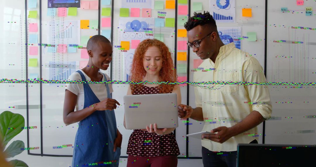 Diverse Team Collaborating in Modern Office with IT Glitch Effects