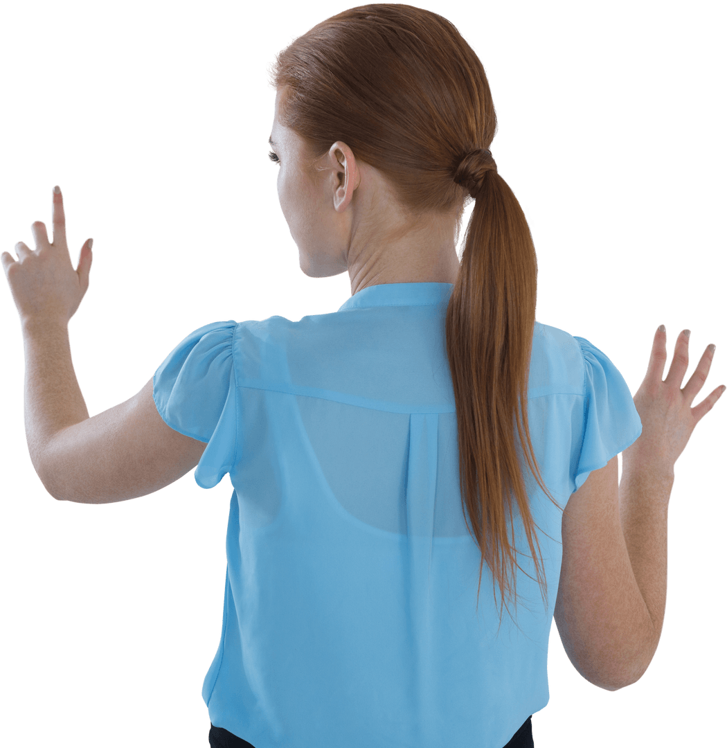 Businesswoman Interacting with Invisible Interface in Transparent Context