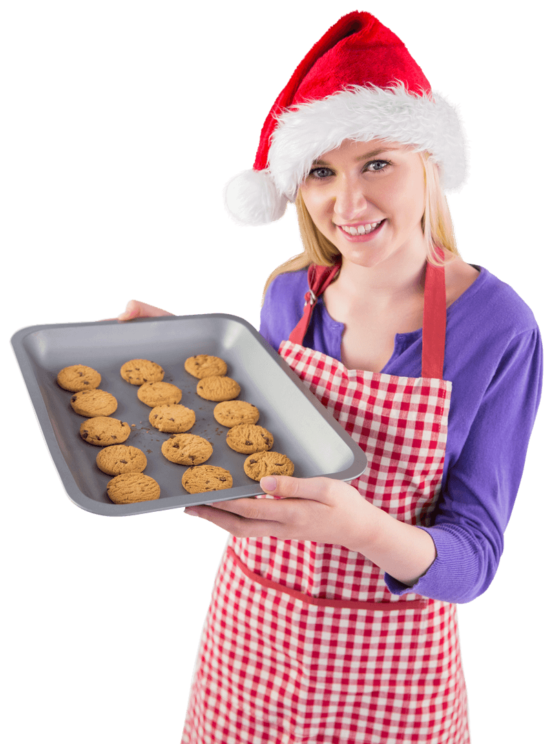 Festive Woman Holding Freshly Baked Cookies on Transparent Background