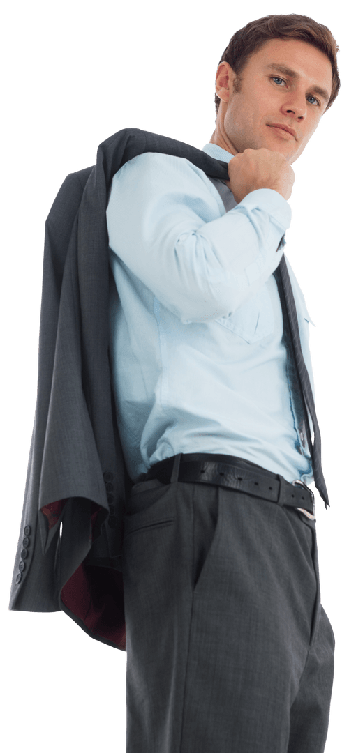 Transparent Businessman Holding Suit Jacket and Looking Confident