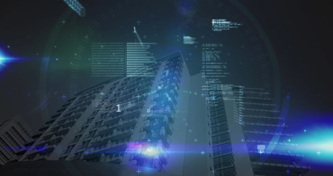 Digital Financial Data Overlays on Modern Skyscraper