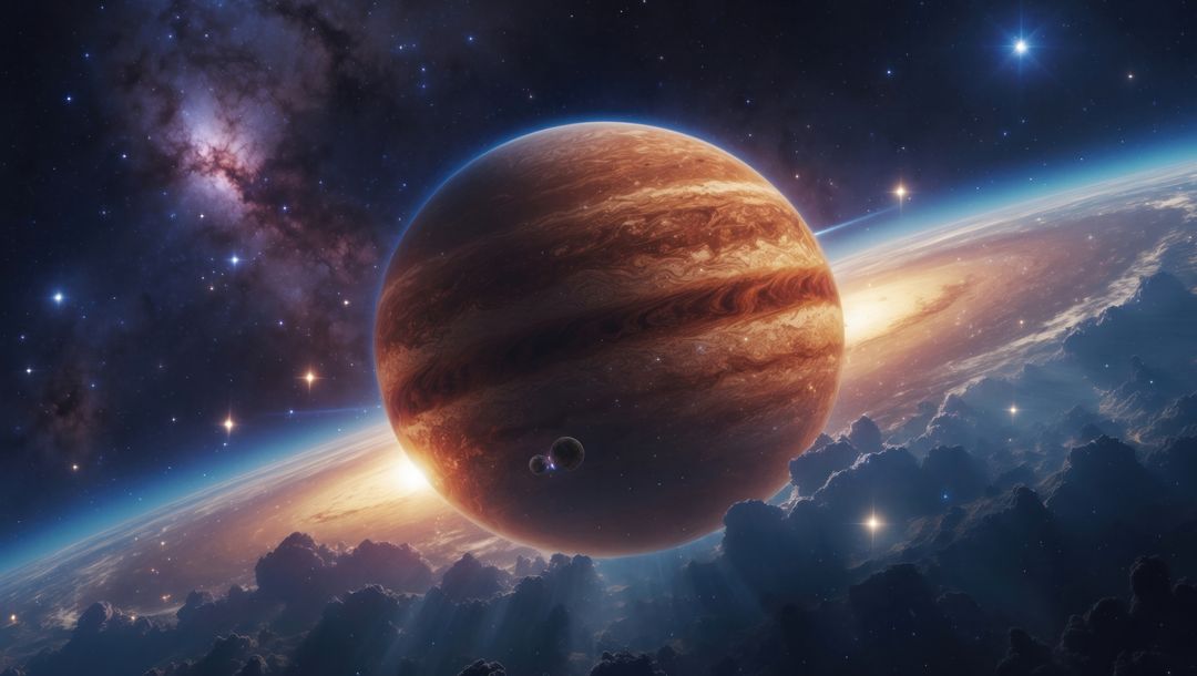 Vibrant Cosmic View of Gas Giant with Moons and Nebula