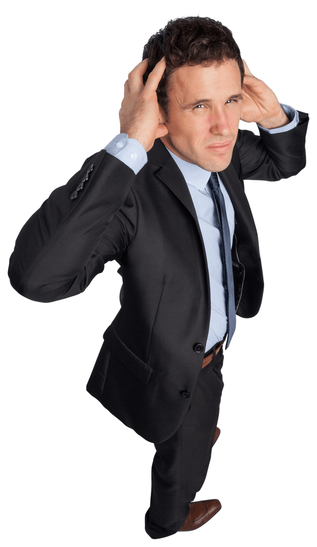Stressed Businessman in Suit with Hands on Head Transparent Background