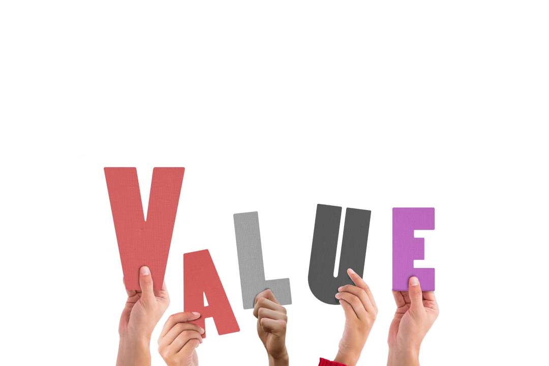 Hands Holding VALUE Text Cutouts on Transparent Background