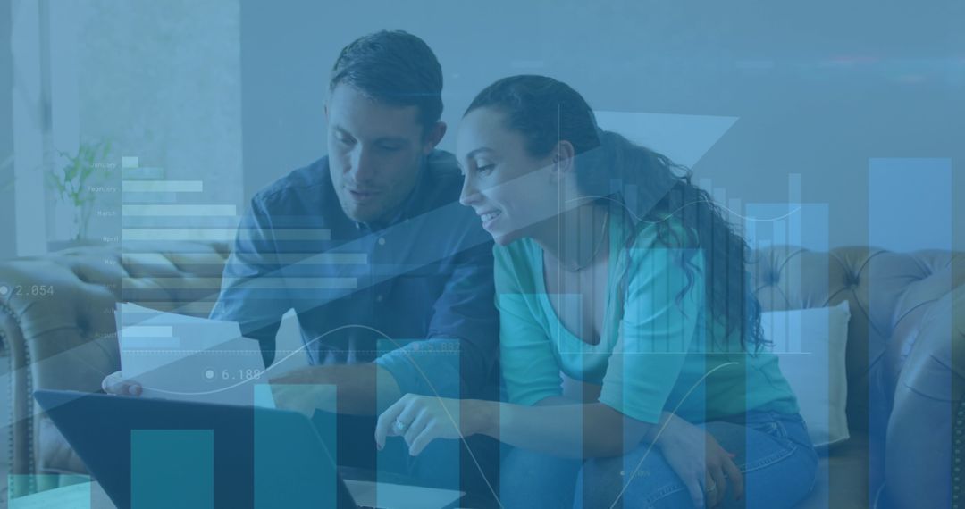 Couple Analyzing Financial Data with Statistical Overlay