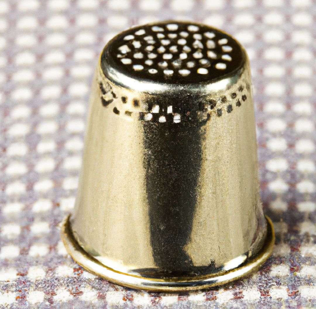 Image of close up of silver thimble on patterned fabric background - Free Images, Stock Photos and Pictures on Pikwizard.com
