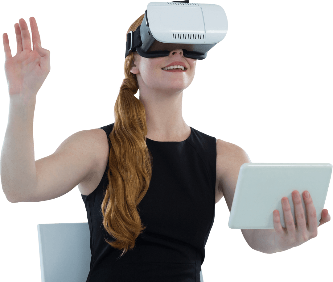 Confident Female Executive Using Transparent Virtual Reality Tech