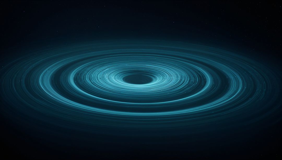 Spinning Cyan Concentric Vortex Rings Surrounding Dark Void in Deep Space Abstract Nebula Glow