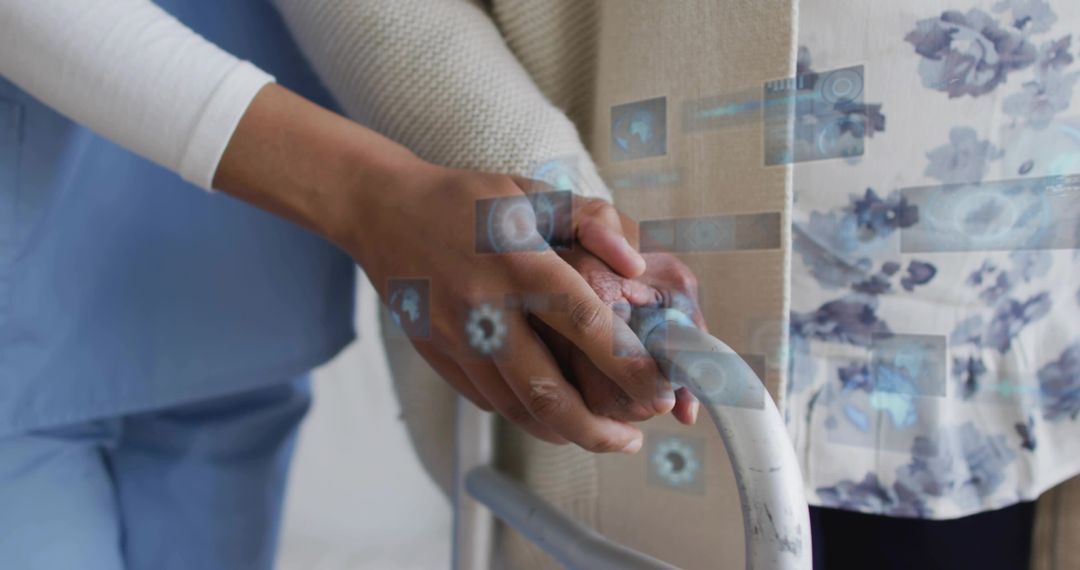 Nurse Supporting Senior Patient with Holographic Medical Interface