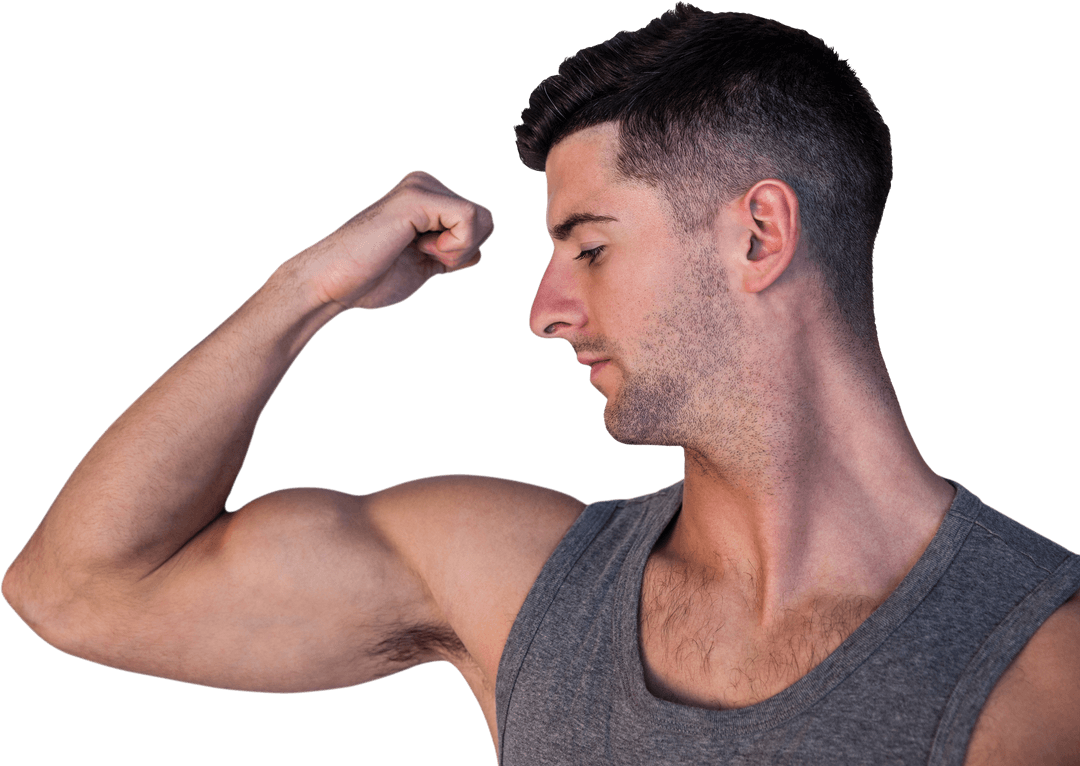 Transparent Muscular Man Flexing Biceps in Gray Tank Top