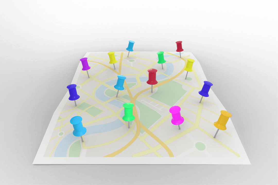 Transparent Digital Map with Colorful Destination Pins for Travel