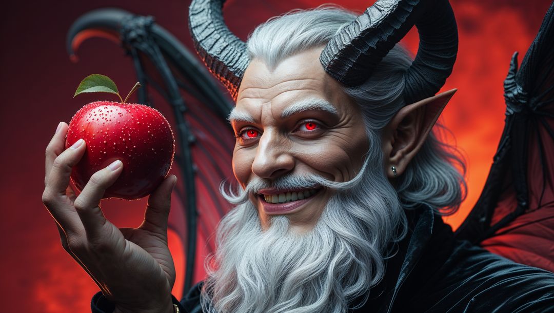 Horned satan holding red apple in mystical hellish scene