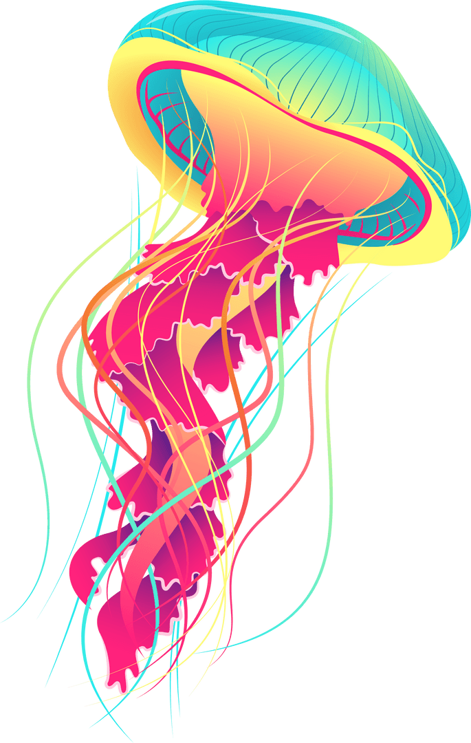 Floating Stylized Jellyfish with Neon Tentacles on Transparent Background