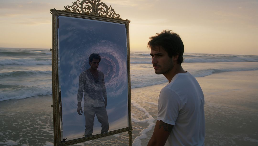 Man Gazing into Vortex Mirror on Beach at Sunset