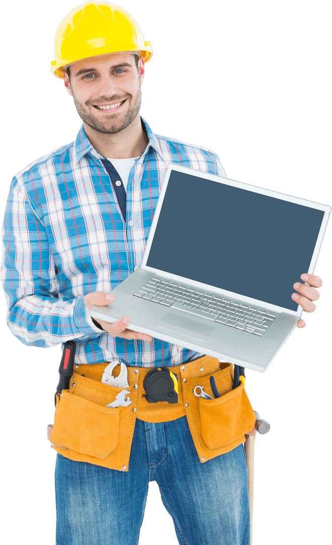 Smiling Construction Worker Holding Laptop on Transparent Background