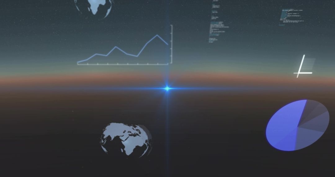 Futuristic data visualization showing glowing horizon and central blue flare with charts