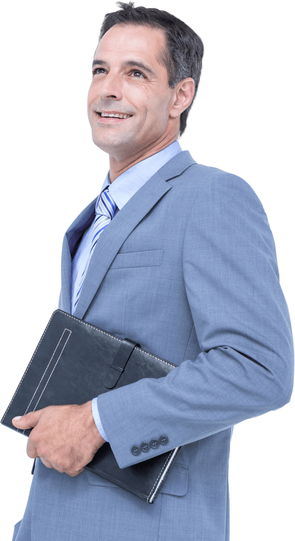 Smiling Businessman Holding Diary in Blue Suit, Transparent Background