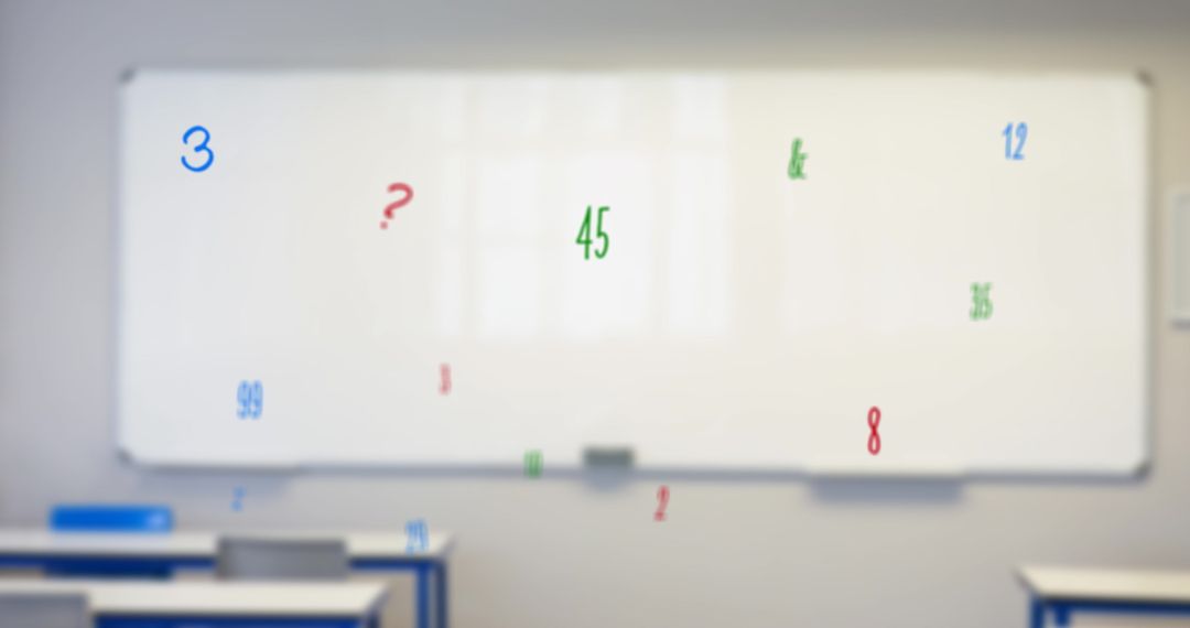 Empty Classroom with Floating Numbers and Symbols