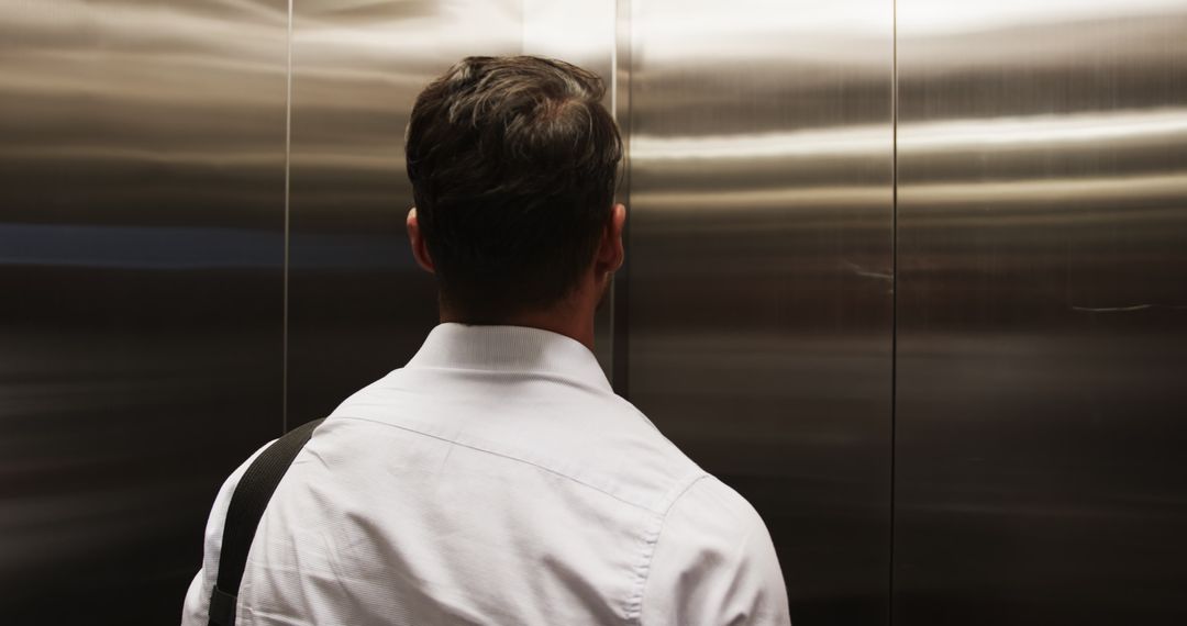 Businessman Awaiting Arrival in Office Elevator
