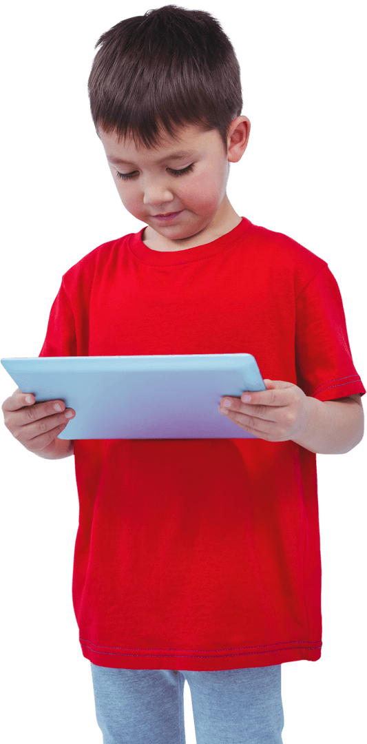 Cute Boy Engrossed with Tablet on Tranparent Background
