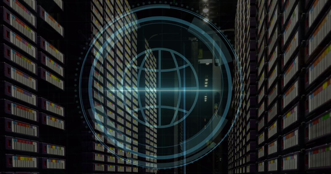 Cyber Security Concept in Server Room with Digital Overlay