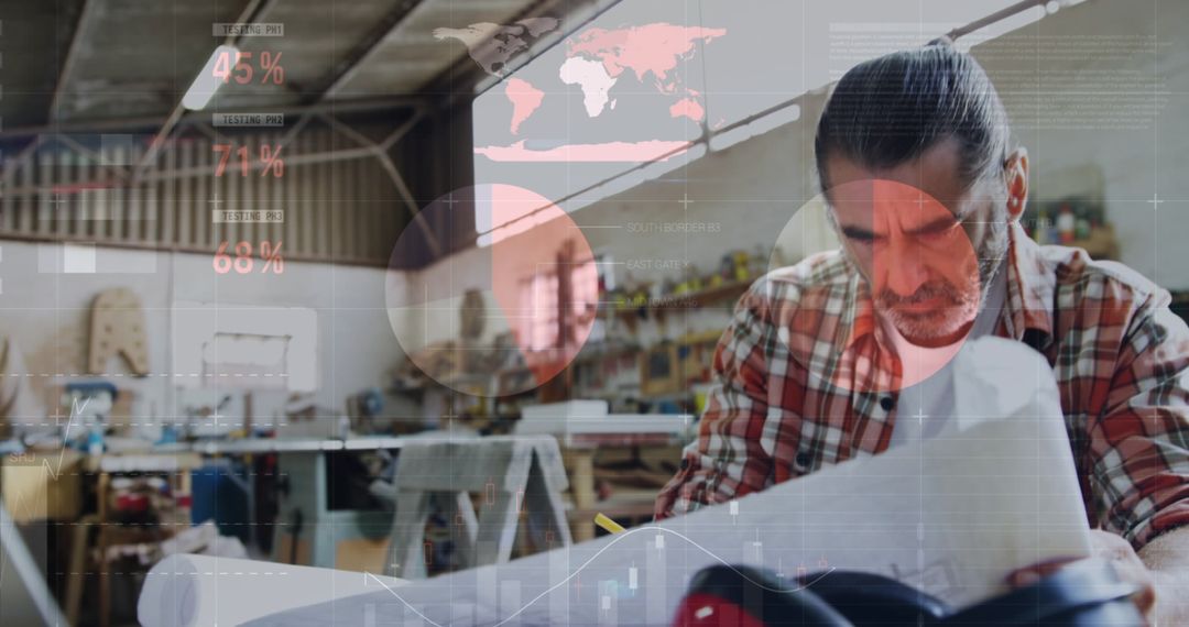 Caucasian Carpenter Analyzing Blueprints with Data Overlay in Workshop