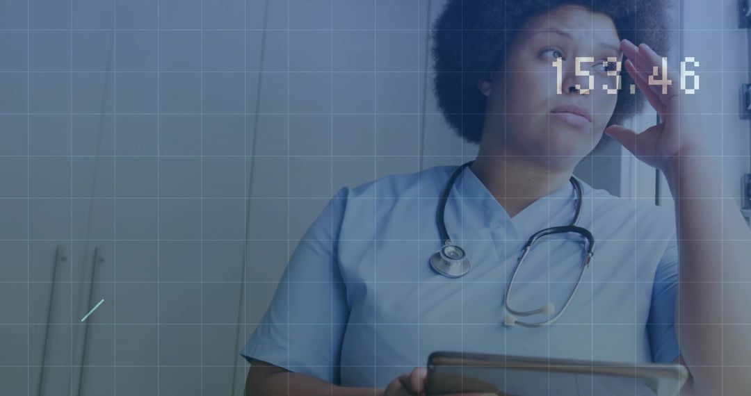 Healthcare Professional Contemplating with Modern Technology