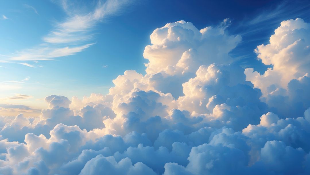 Sunlit Cumulus Clouds in Deep Blue Sky with Cirrus