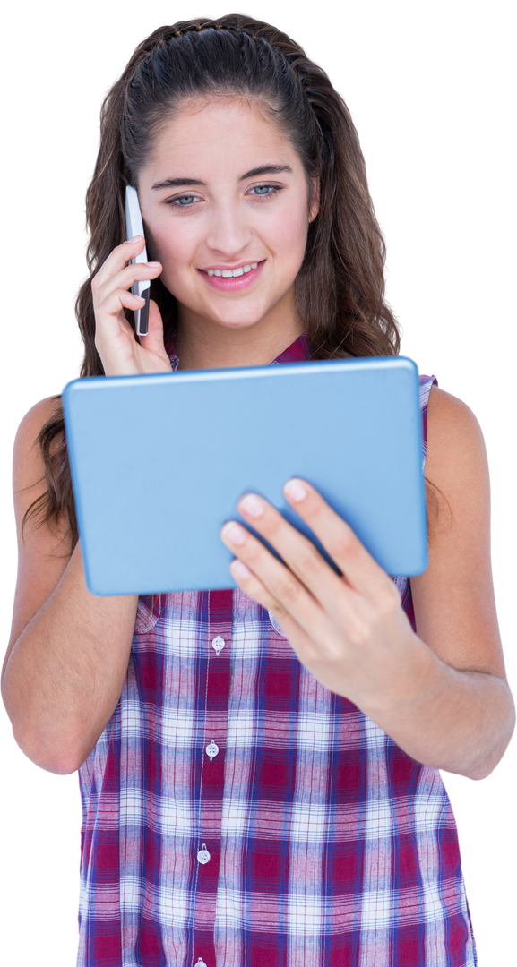 Transparent Smiling Woman Holding Tablet and Making Phone Call - Download Free Stock Images Pikwizard.com