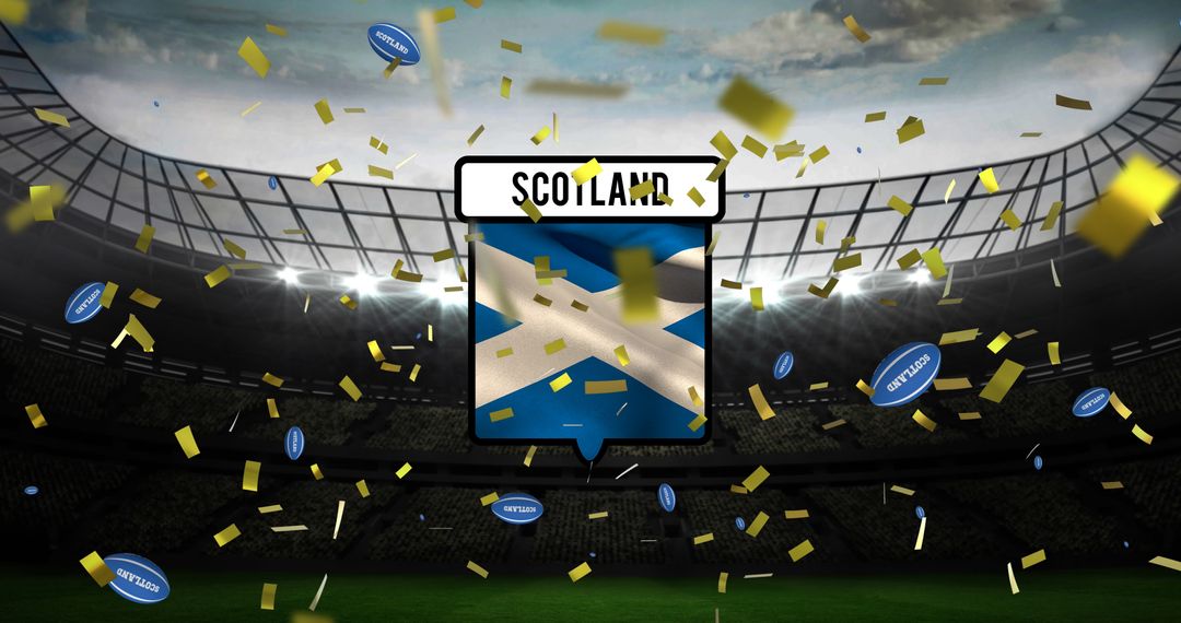 Scotland Flag with Confetti and Rugby Balls in Stadium