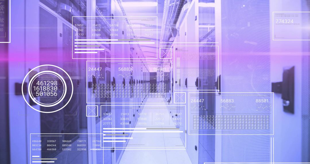Futuristic Data Center Corridor with HUD Overlays and Neon Blue Purple Lighting