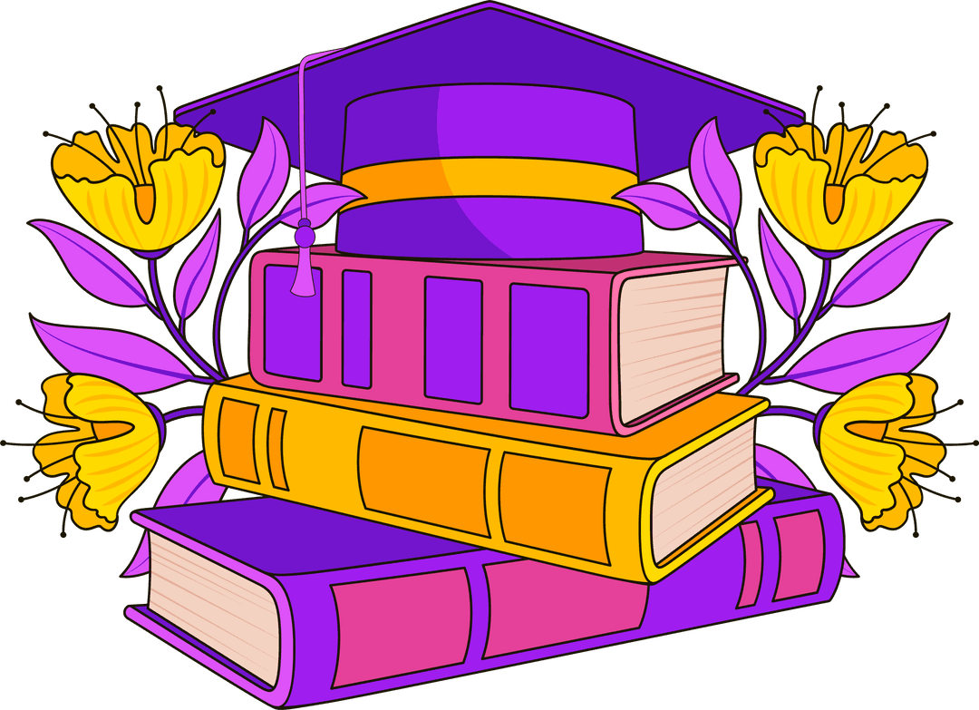 Colorful Transparent Graduation Cap with Book Stack and Yellow Flowers