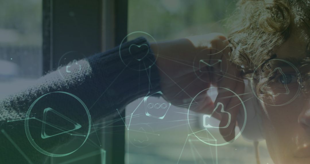 Thoughtful Man Listening to Music with Digital Network Icons Overlay