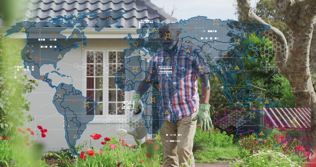 Gardener Waters Poppies With Digital World Map Overlay on Front Yard